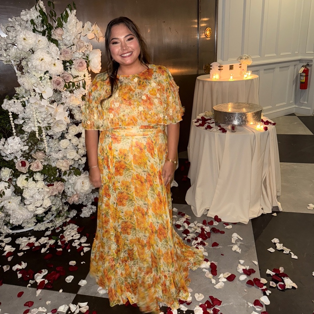 Mac Duggal Yellow High Neck A-Line Floral Gown with Cape Sleeves